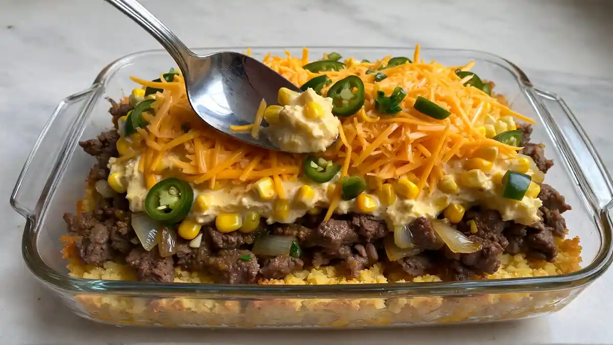 Assembling Southern loaded cornbread casserole in a baking dish with layers of homemade cornbread batter, ground beef, creamed corn, sharp cheddar cheese, and jalapeños.