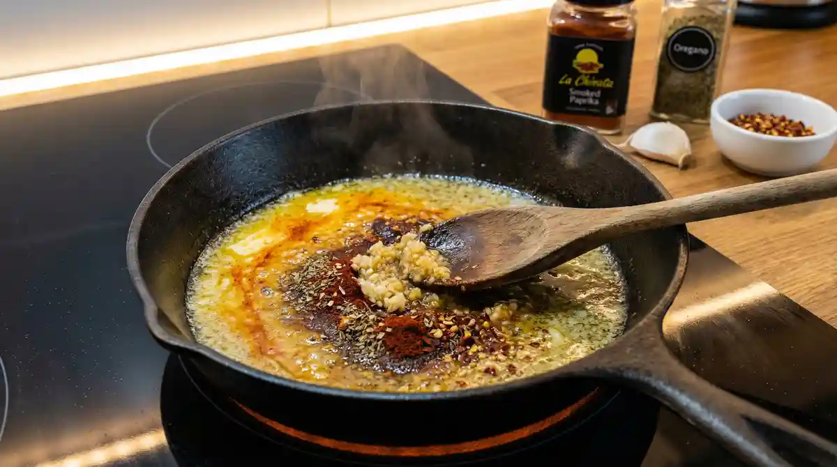 Melting grass-fed butter with garlic, smoked paprika, oregano, and red pepper flakes in skillet – step 3 cowboy butter sauce recipe for pasta and chicken