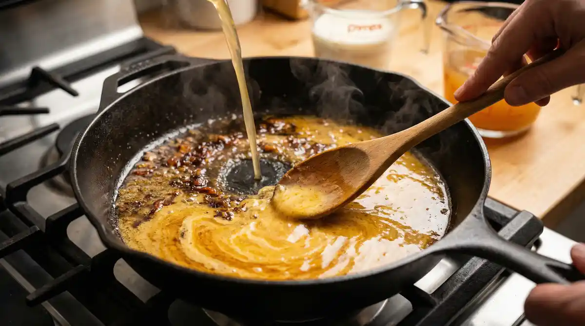 Deglazing skillet with chicken broth and stirring in heavy cream for cowboy butter pasta sauce – creamy garlic butter sauce for chicken and fettuccine