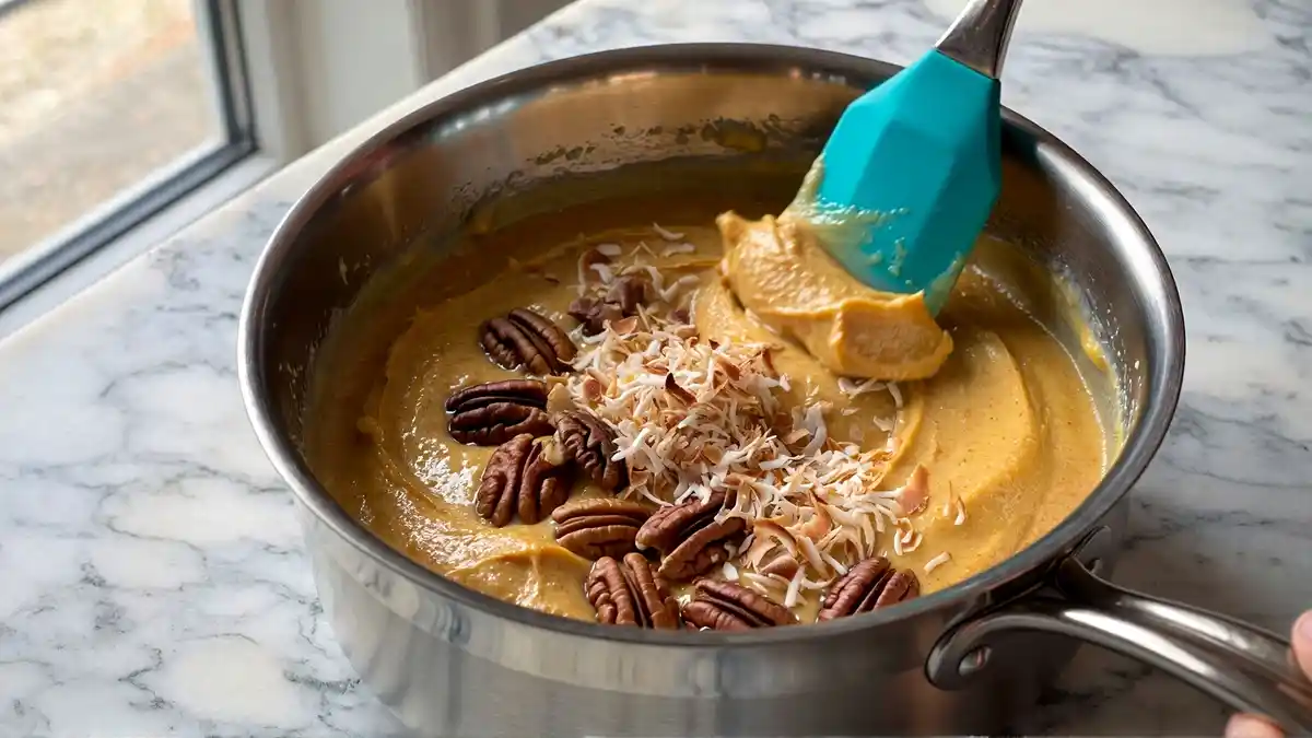 Stirring vanilla extract, organic shredded coconut, and gourmet pecan halves into thickened German chocolate frosting after cooking