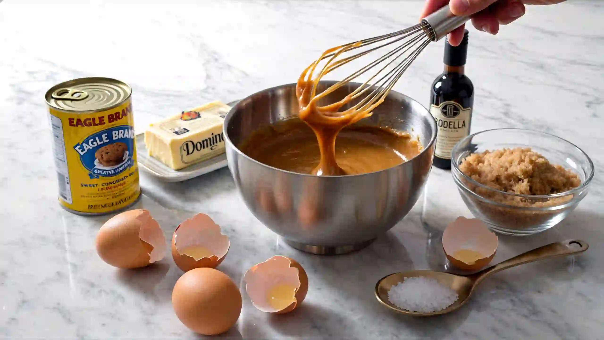 Whisking sweetened condensed milk, eggs, butter, and vanilla extract in stainless steel bowl for pecan pie filling – rich holiday dessert prep
