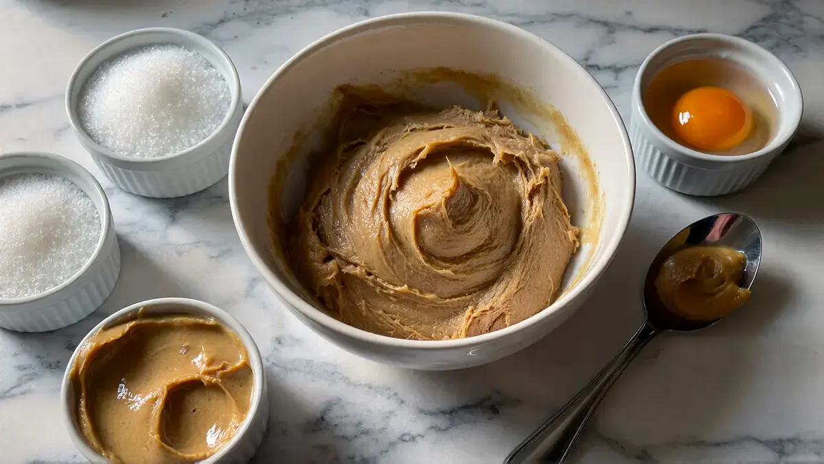 One-bowl peanut butter cookie dough being mixed with sugar, egg, and peanut butter on a marble counter — easy no-mixer cookie recipe prep