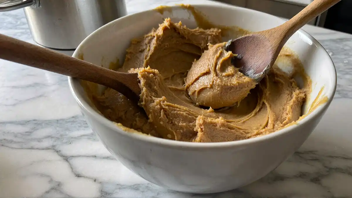 Mixing peanut butter cookie dough in one bowl with peanut butter, sugar, egg, and baking soda on a marble counter — easy one-bowl cookie recipe preparation for quick homemade cookies.