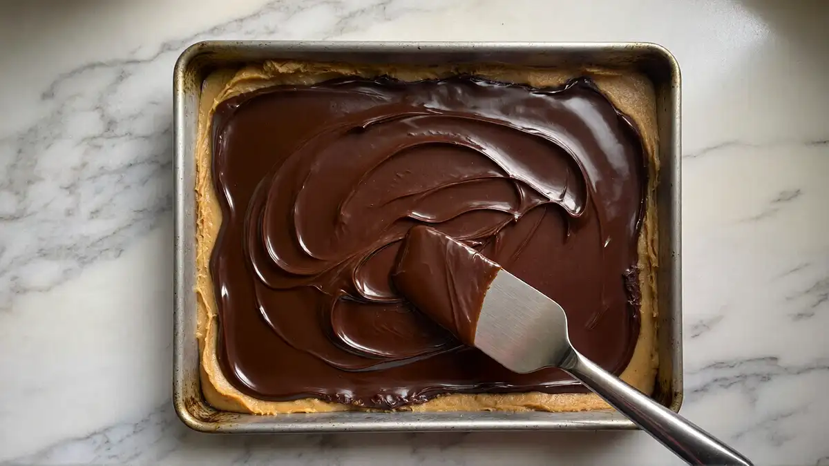 Melted chocolate layer being spread over peanut butter base for no-bake chocolate peanut butter dessert bars