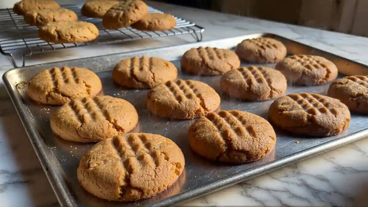 Freshly baked soft peanut butter cookies cooling on tray — quick after-dinner dessert idea ready in under 15 minutes.