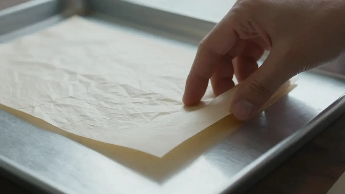 Classic Peanut Butter Cookies Recipe step showing parchment paper being placed on a baking sheet.