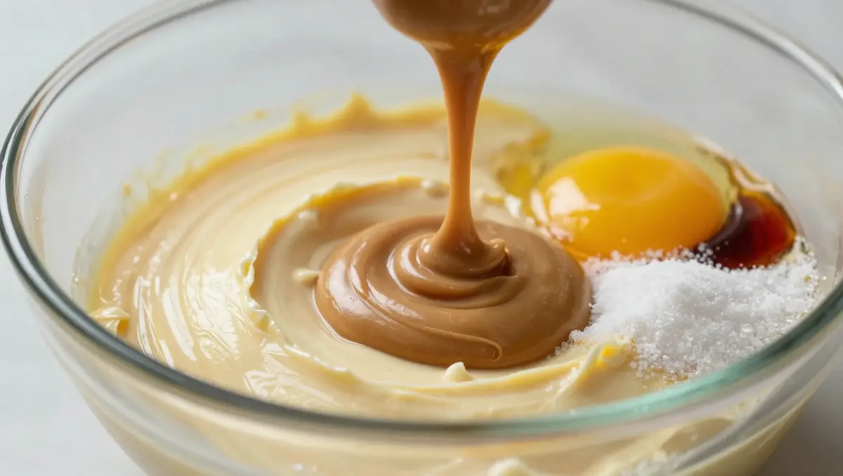 Adding creamy peanut butter, egg, and vanilla extract to the butter and sugar mixture for classic peanut butter cookies.