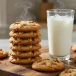 Classic Peanut Butter Cookies Recipe featuring warm peanut butter cookies stacked on a wooden board with a glass of milk.