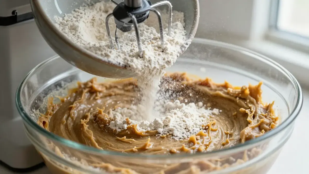Flour being added to a bowl of peanut butter cookie dough while mixing with a hand mixer.
