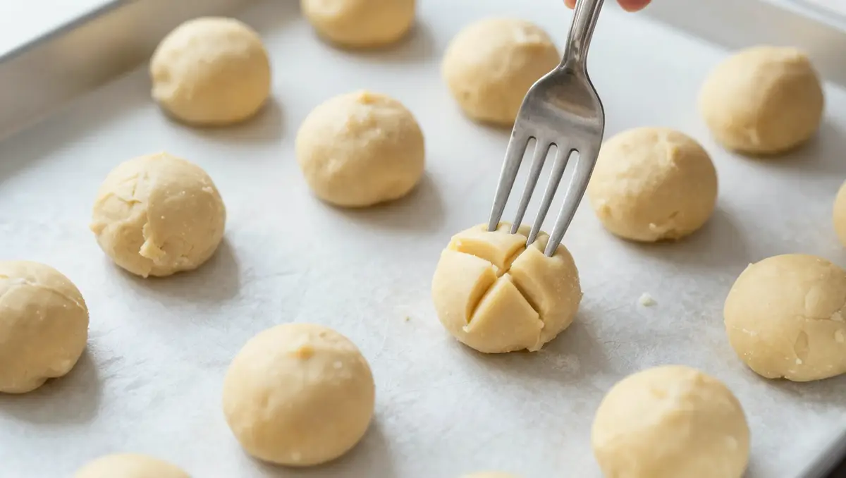 Fork pressing crisscross pattern onto peanut butter cookie dough balls on a baking sheet.