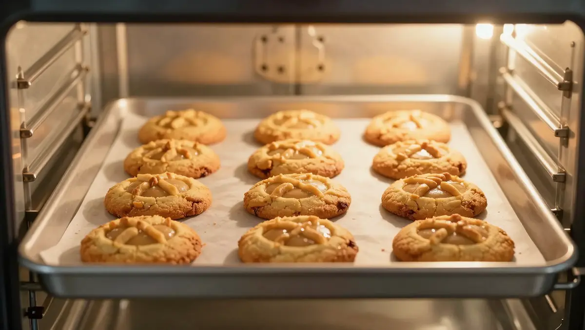 Peanut butter cookies baking on a lined baking sheet inside an oven.