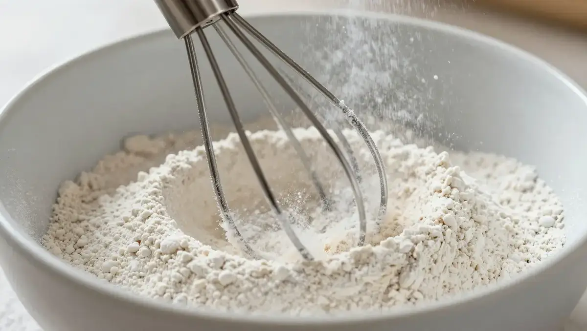 Whisking dry ingredients in a bowl for classic peanut butter cookies, combining flour, baking powder, and salt until evenly mixed.