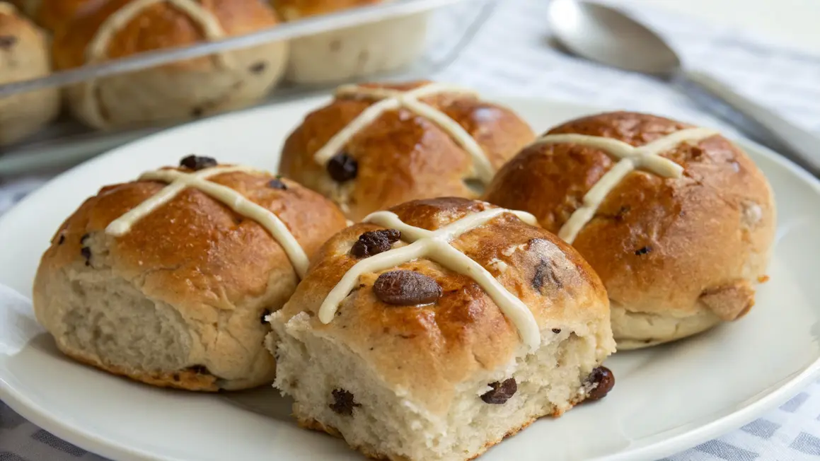 Hot Cross Buns freshly baked with raisins and white icing crosses on top, served