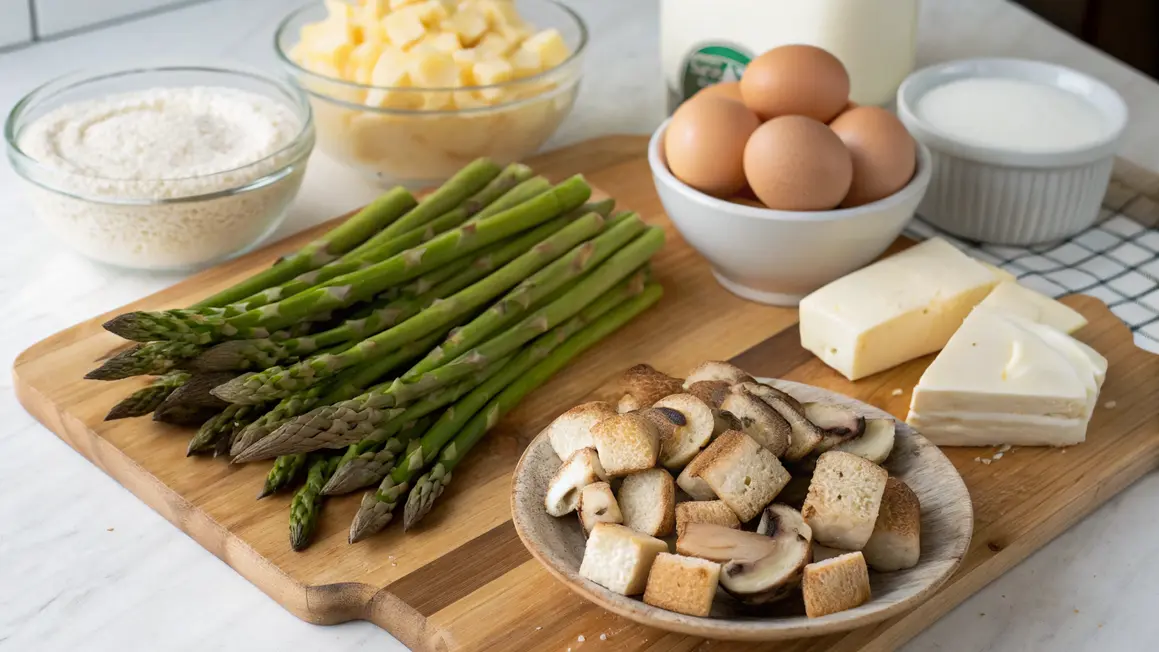 Ingredients for Asparagus Mushroom Strata including fresh asparagus, eggs, mushrooms, bread cubes, cheese, milk, and flour on a wooden cutting board.