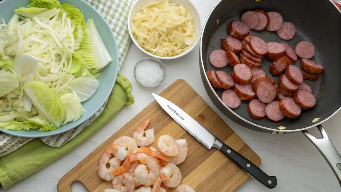 preparing shrimp and sausage cabbage bowl with shrimp smoked sausage and cabbage for healthy low carb dinner