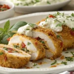 crispy cottage cheese parmesan firecracker chicken stuffed chicken breast with crunchy coating on white marble