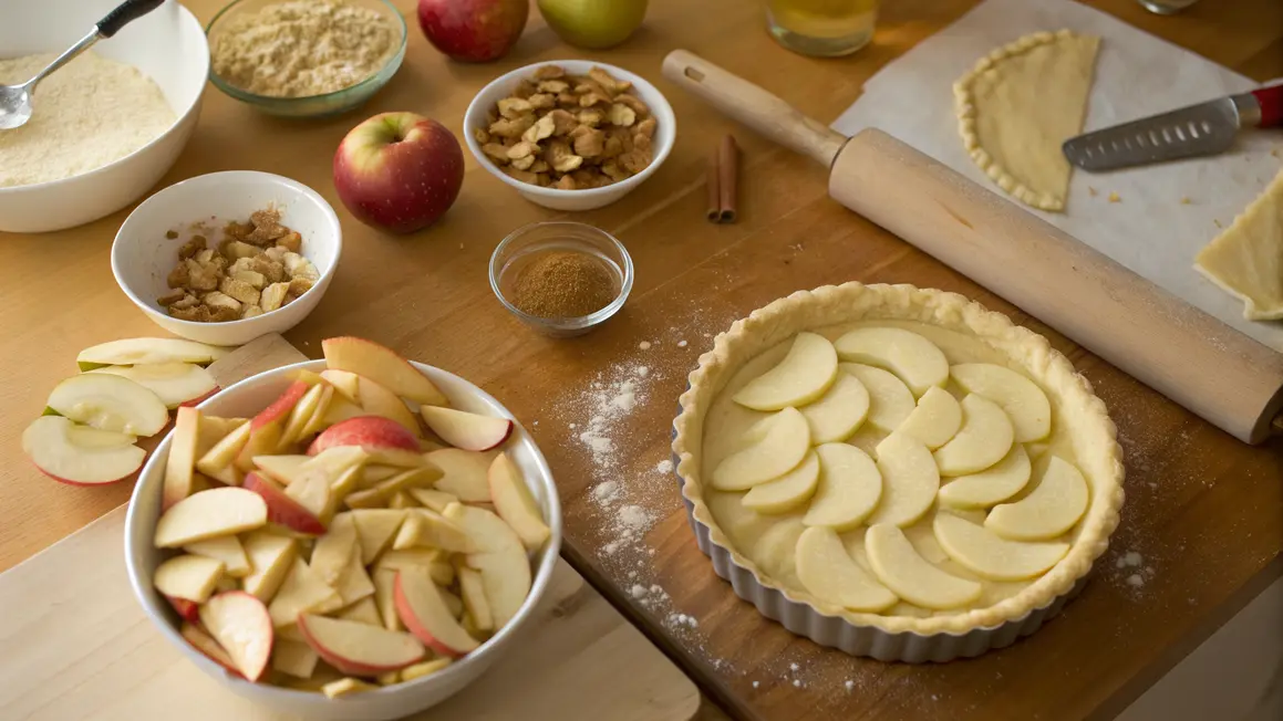 apple slices arranged in pie crust for homemade apple juice pie recipe on white marble surface