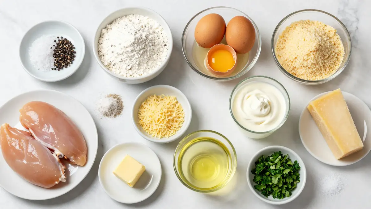 Parmesan chicken ingredients with garlic cream sauce on white marble – chicken breasts, breadcrumbs, parmesan, cream, garlic recipe prep