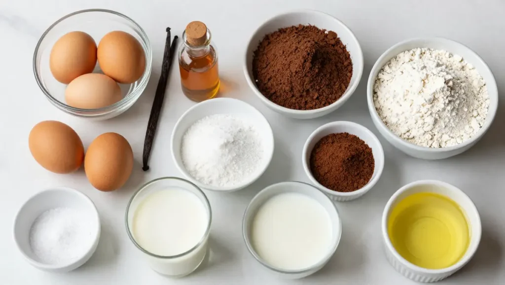 Light and Airy Chocolate Sponge Cake ingredients on white marble including eggs, sugar, cocoa powder, flour, milk, and butter – easy homemade chocolate cake recipe prep