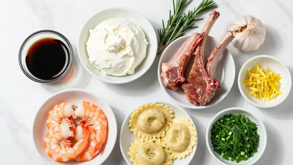 ingredients for Shrimp and Steak Fajita Bowl with Creamy Sauce including flank steak shrimp peppers rice avocado and sour cream on white marble