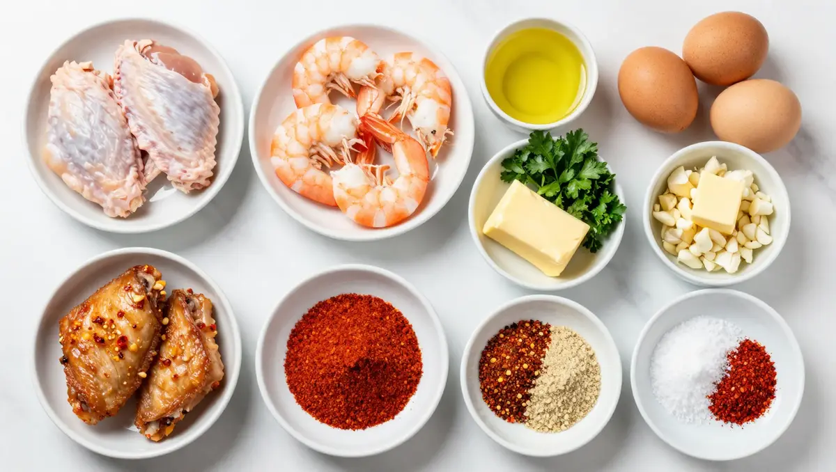 ingredients for Spicy Garlic Butter Chicken Wings with Shrimp and Cajun Eggs including chicken wings shrimp eggs butter garlic and Cajun seasoning on white marble