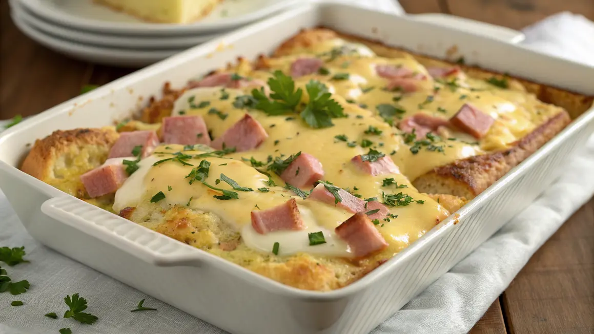 servide image for Overnight Eggs Benedict Casserole with poached eggs, ham, toasted bread, and creamy hollandaise sauce baked in a casserole dish