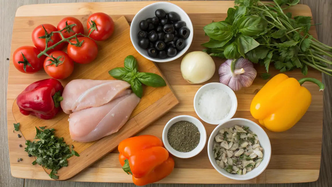Italian Chicken ingredients arranged on a wooden board, including raw chicken breasts, tomatoes, bell peppers, black olives, onion, garlic, basil, parsley, and seasonings.