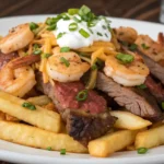 Loaded Steak and Shrimp Cheese Fries topped with grilled steak slices, sautéed shrimp, melted cheddar cheese, sour cream, and chopped green onions.