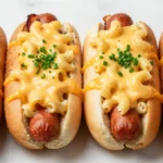 Air fryer bacon mac and cheese dogs in toasted buns topped with creamy macaroni and cheese — easy comfort food dinner recipe