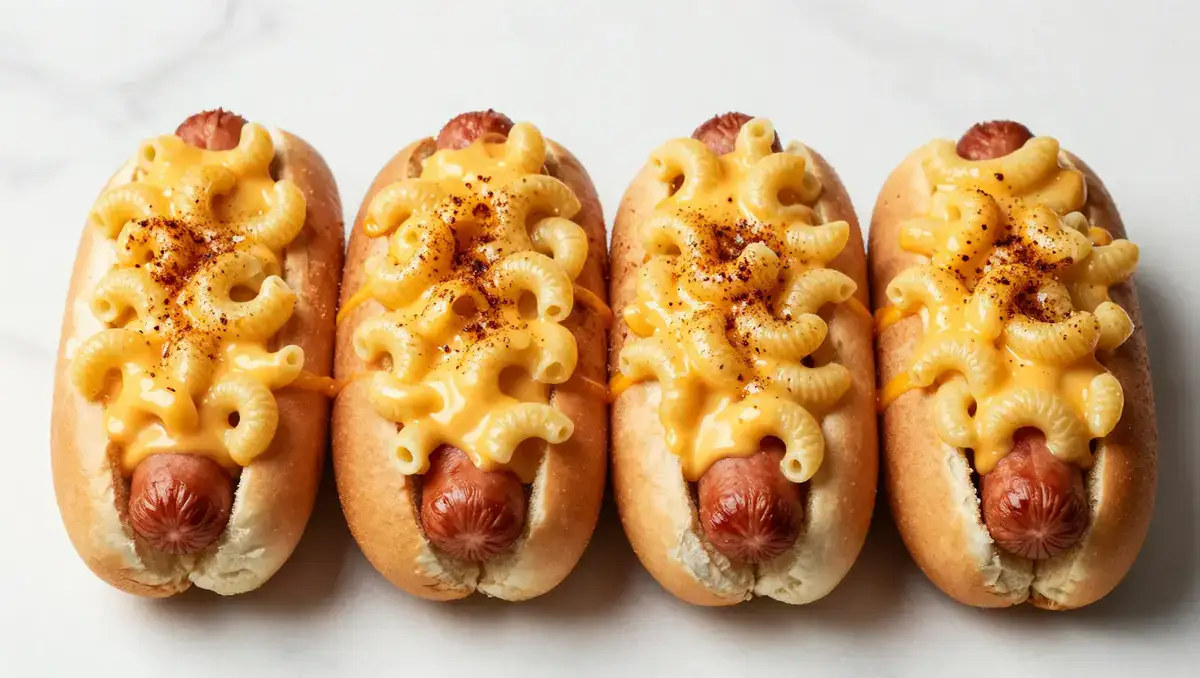 Melted cheddar bacon mac and cheese hot dogs finished in air fryer — crispy comfort food recipe with toasted buns