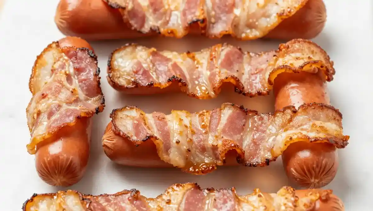 Crispy bacon wrapped hot dogs cooked in air fryer on white marble — easy air fryer hot dog recipe with crispy bacon