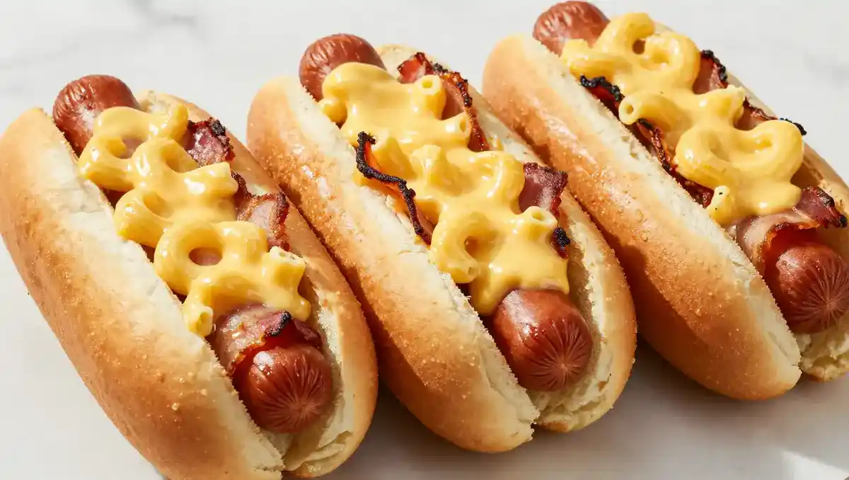 Air fryer bacon mac and cheese hot dogs assembled in soft buns with creamy macaroni topping — easy comfort food dinner recipe