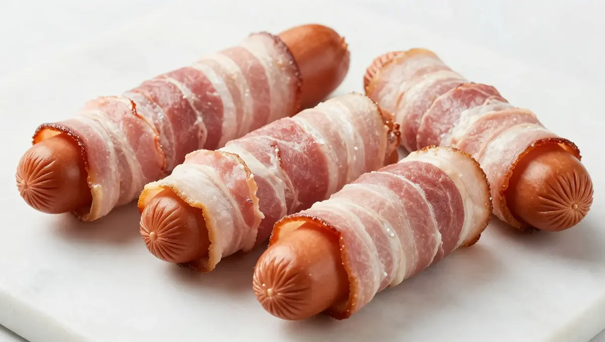Raw bacon wrapped hot dogs prepared for air fryer cooking on white marble — easy bacon wrapped hot dogs air fryer comfort food recipe