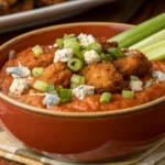 Buffalo Chicken Dip served in a bowl with a creamy orange dip topped with crispy chicken bites, blue cheese crumbles, sliced green onions, and celery sticks.