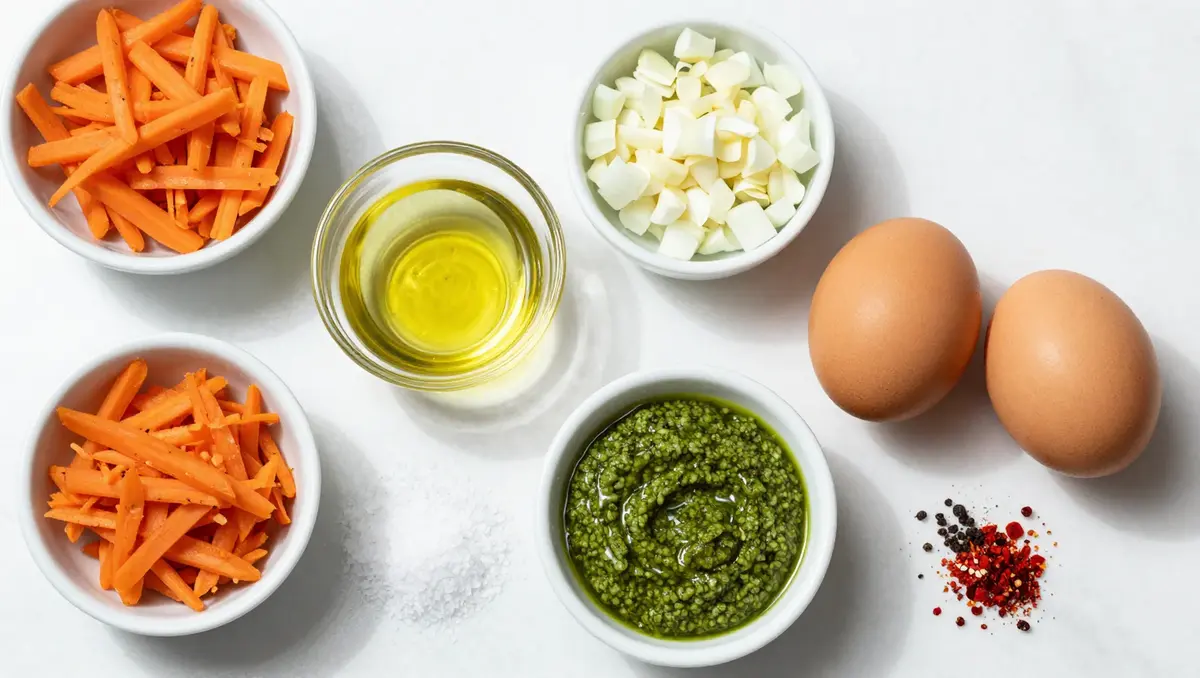 ingredients for carrot hash with eggs and pesto including grated carrots eggs onion garlic olive oil and pesto sauce on white marble
