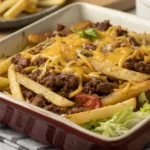 cheeseburger french fry bake casserole with ground beef and melted cheddar cheese on white marble surface