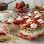 Donna Wood Strawberry Cheesecake Dump Cake layer and strawberry topping baked in glass dish on white marble