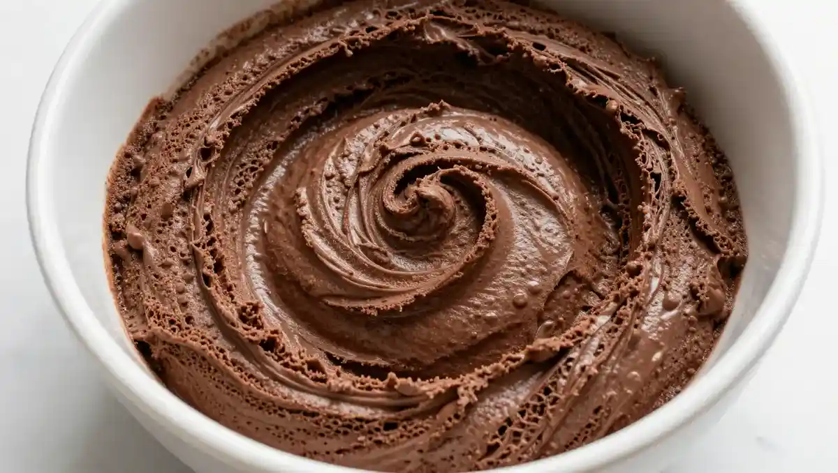 Chocolate sponge cake batter after folding dry ingredients in bowl on white marble – light fluffy cake batter preparation step