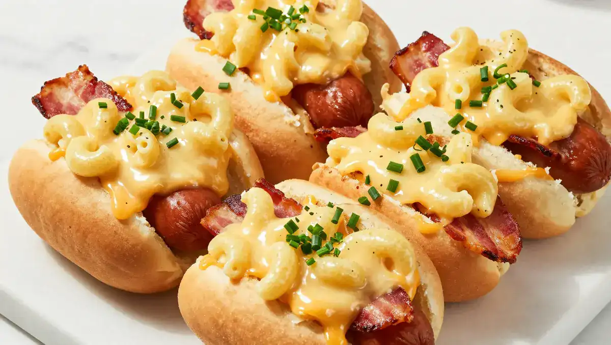 Air fryer bacon mac and cheese hot dogs garnished with fresh chives — easy family dinner recipe and game day comfort food