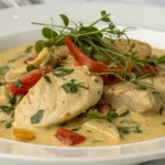 Creamy Chicken served in a white bowl with tender chicken pieces in a rich creamy sauce, topped with red peppers, herbs, and fresh greens.