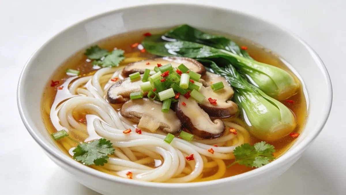 Assembled Healing Ginger Garlic Broth with Rice Noodles in a white bowl with mushrooms, bok choy, scallions, cilantro, and chili, a healthy homemade soup recipe and easy comfort food dinner