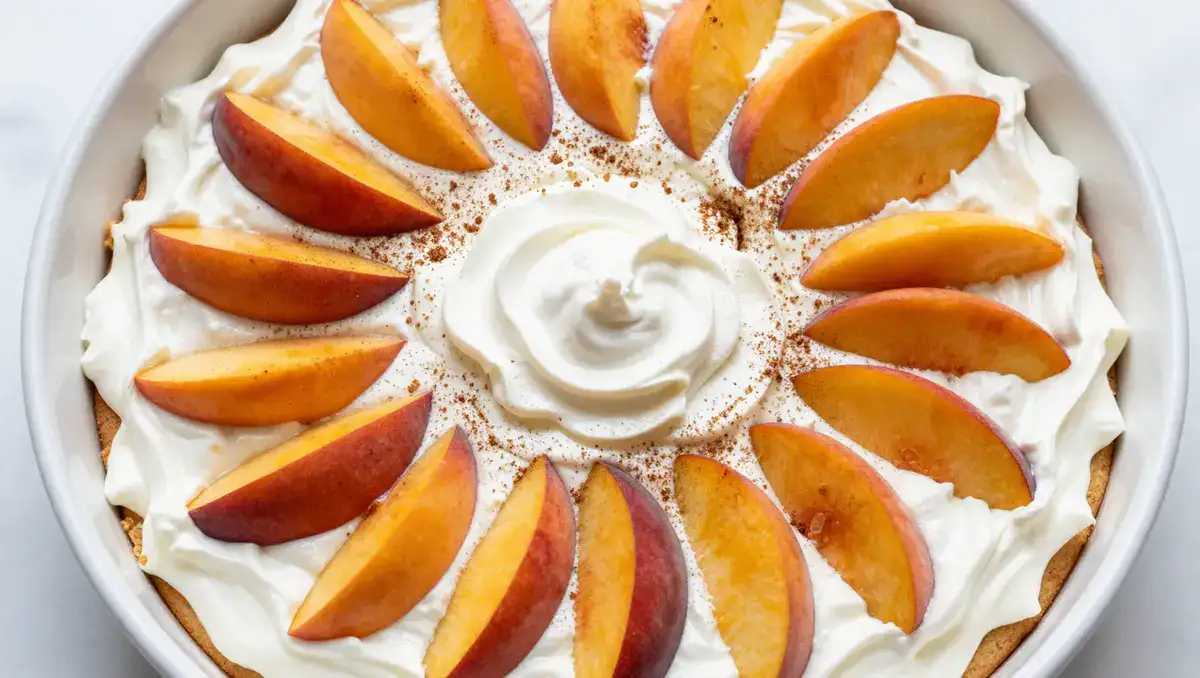 Heavenly summer peach cobbler poke cake topped with whipped cream and fresh peach slices on white marble — moist homemade peach dessert recipe