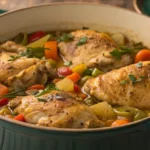 One Pot Chicken cooked in a Dutch oven with golden chicken pieces, potatoes, carrots, peppers, and herbs in a savory broth.