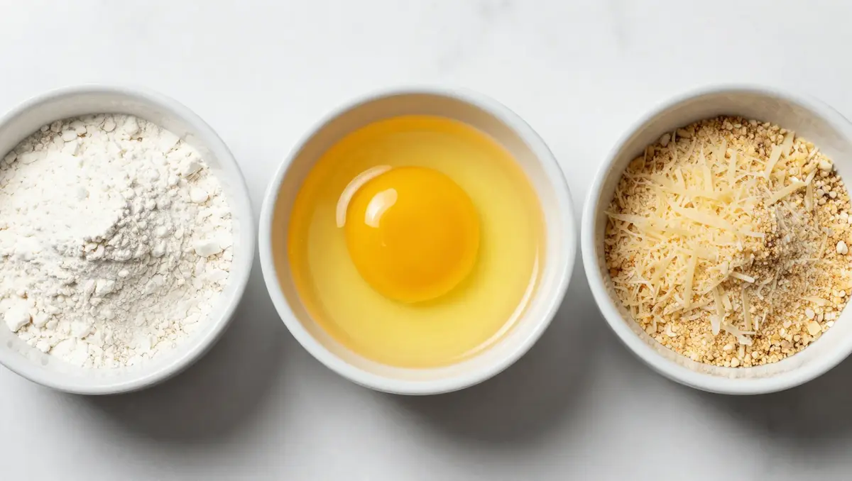 Chicken coating station with flour eggs and panko parmesan mixture on white marble – crispy parmesan chicken breading setup