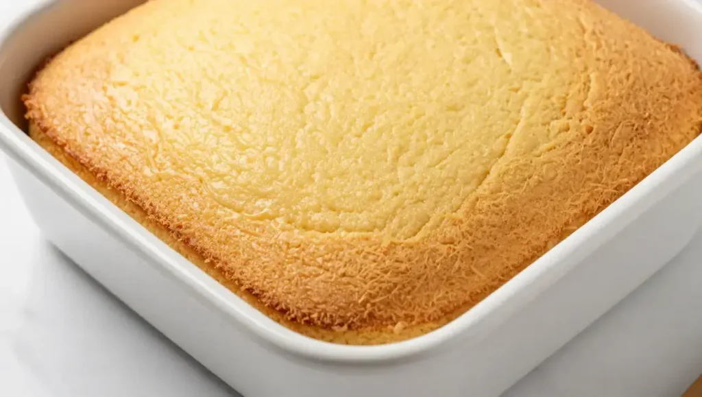 Freshly baked golden yellow cake in 9x13 baking dish on white marble — homemade peach cobbler poke cake base dessert recipe