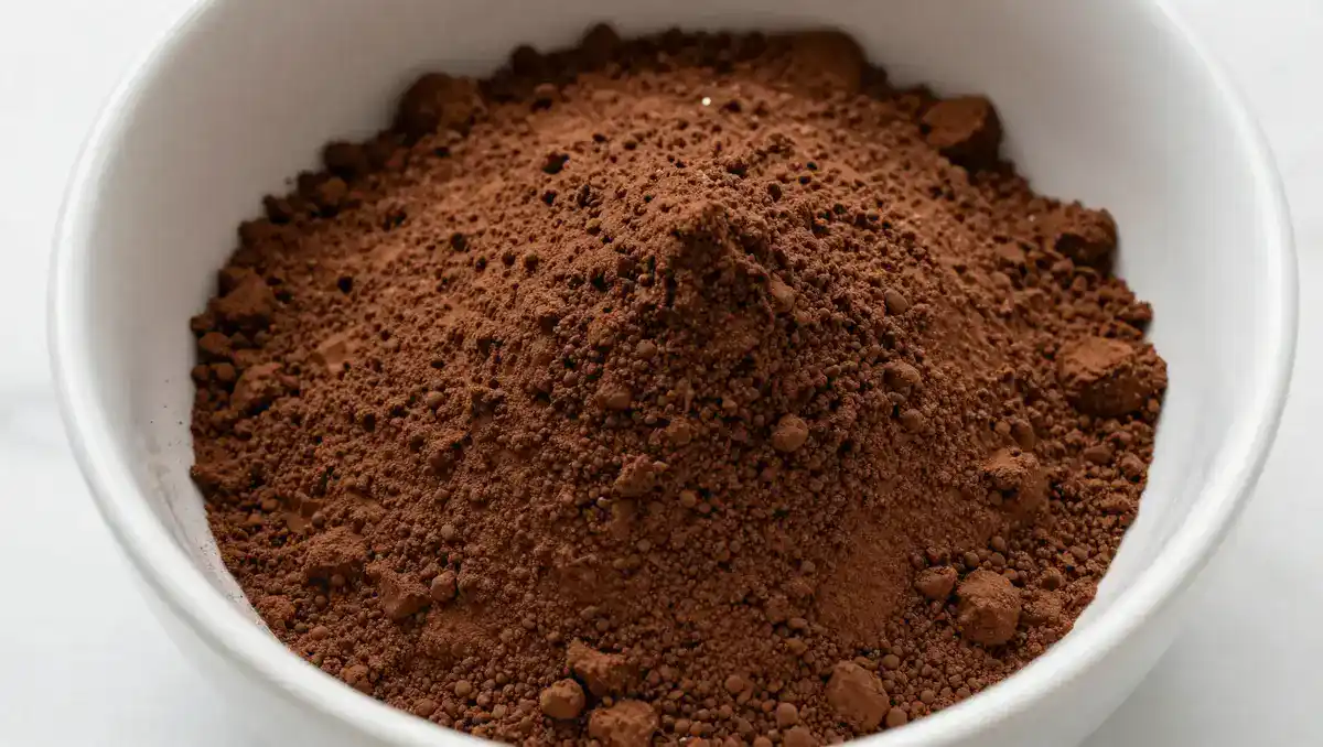Sifted cocoa powder and flour mixture in bowl on white marble – chocolate sponge cake dry ingredients preparation step