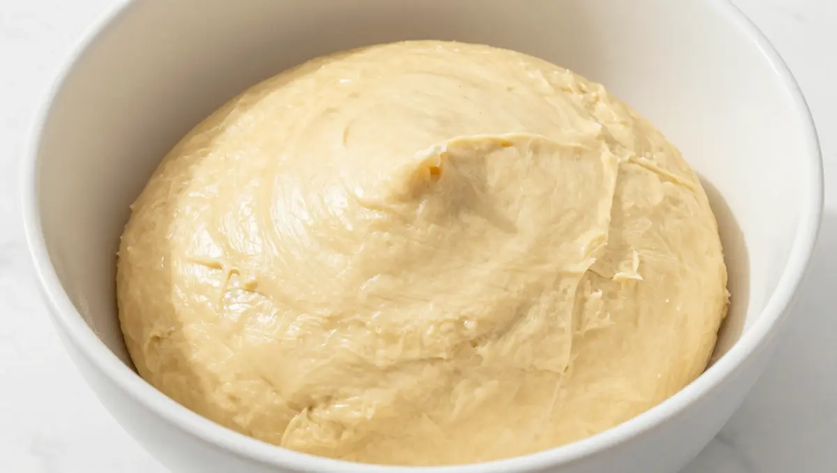 Soft butter cookie dough fully mixed in white bowl on marble – homemade cinnamon cheesecake donut cookie dough preparation step