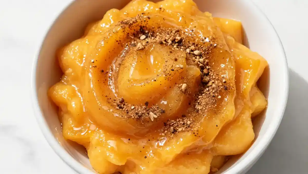 Spiced peach mixture with cinnamon and nutmeg in white bowl on marble — southern peach cobbler poke cake fruit filling recipe