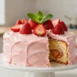 Strawberry Honeybun Cake with Strawberry Cream Icing topped with strawberry cream icing and fresh strawberries on white marble dessert plate
