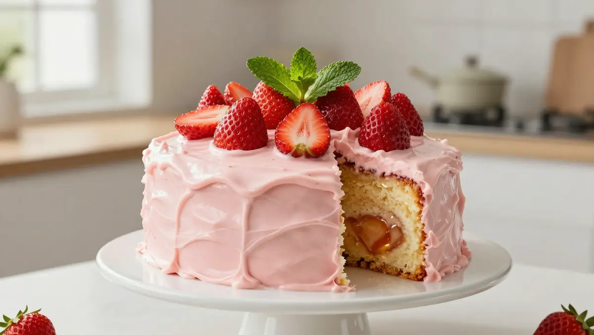 Strawberry Honeybun Cake with Strawberry Cream Icing simple holiday dessert recipe